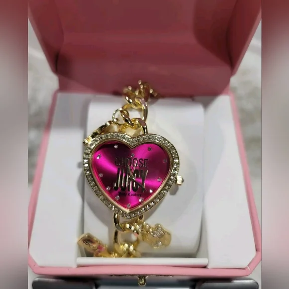 Juicy Couture Gold Tone Hanging Charm Watch . Hot Pink Heart Shaped Beze… - Picture 1 of 4